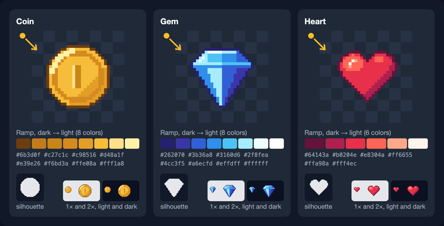 The coin, gem and heart enlarged with an arrow showing light from the top-left, each with its color ramp and hex codes, a white silhouette, and the sprite at 1× and 2× on light and dark backgrounds