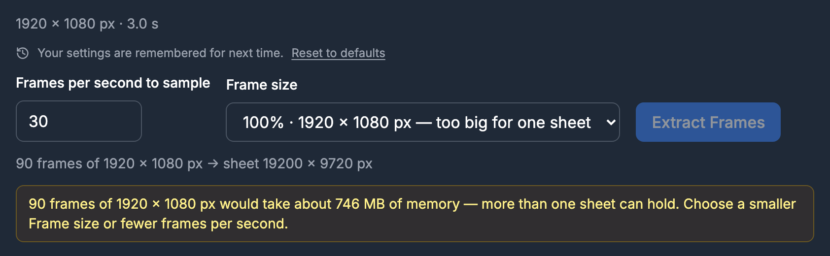 SpritePilot's Video to Sprite Sheet settings at 30 frames per second and 100%, showing 90 frames of 1920 × 1080 px and a warning that they would take about 746 MB of memory