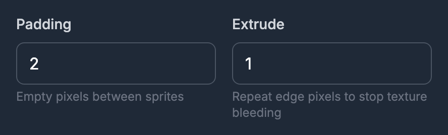 SpritePilot's Export settings with Padding set to 2 and Extrude set to 1