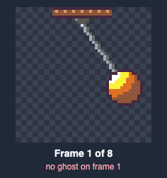 A pendulum stepping through its 8 frames one at a time; from frame 2 on, the previous frame shows faintly underneath, and frame 1 has none