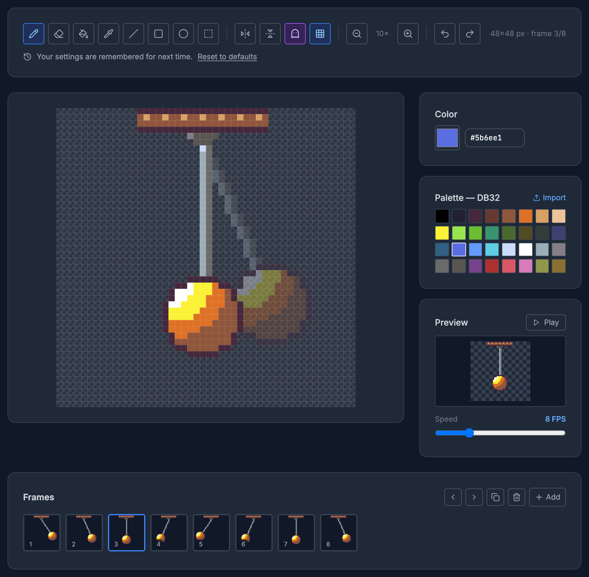 SpritePilot's Pixel Art Editor with the onion skin button on: frame 3 of 8 shows a pendulum hanging straight down, with a faint copy of frame 2, swung to the right, behind it