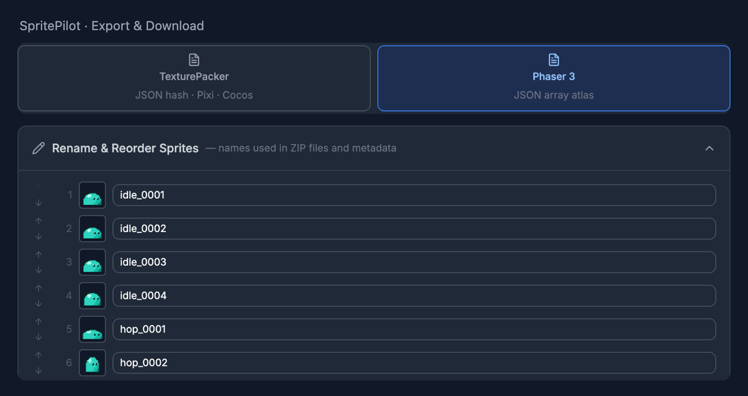 SpritePilot's Export settings with the Phaser 3 JSON array format selected and the Rename and Reorder Sprites list showing idle_0001 to idle_0004, hop_0001 and hop_0002