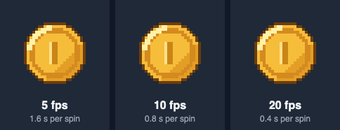 The same spinning coin animated at 5, 10 and 20 frames per second, side by side