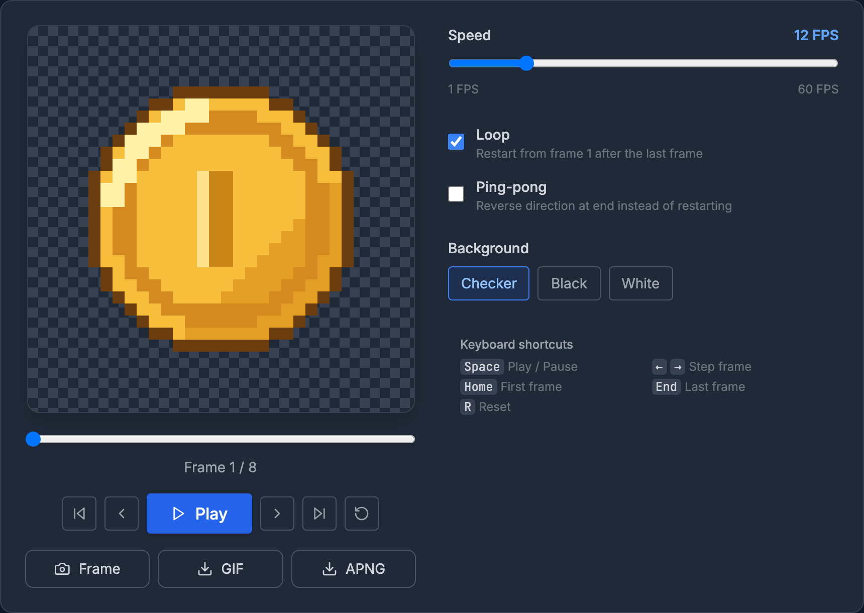 SpritePilot's Sprite Player playing an 8-frame spinning coin at 12 FPS, with Loop, Ping-pong, background and GIF and APNG export controls