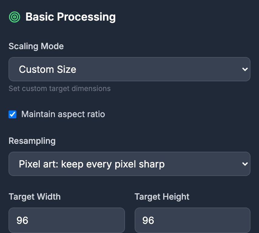 SpritePilot's Advanced Processing settings: Scaling Mode set to Custom Size, Maintain aspect ratio ticked, Resampling set to Pixel art: keep every pixel sharp, target 96 × 96