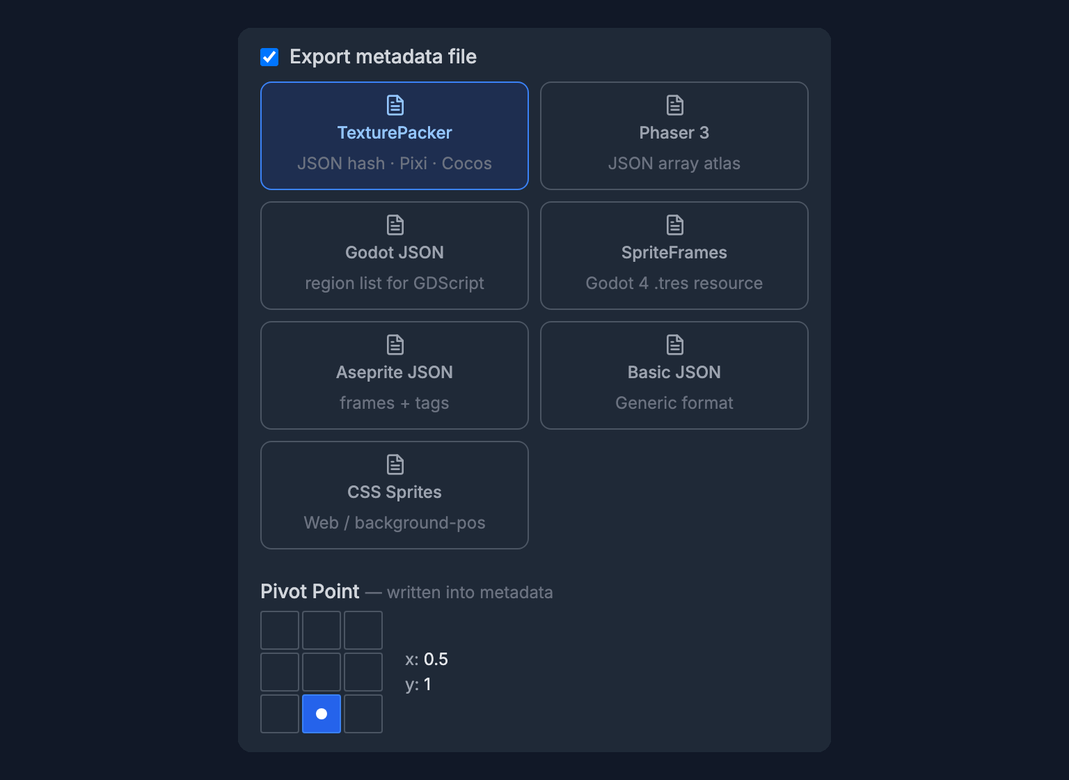 SpritePilot's Export metadata options, with TexturePacker selected and the Pivot Point grid set to the bottom center, x 0.5 and y 1