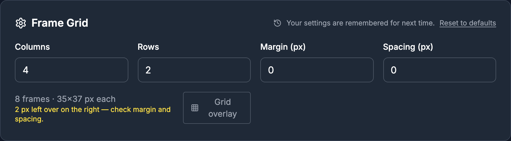 SpritePilot's Sprite Player Frame Grid panel: 4 columns, 2 rows, margin 0, spacing 0, reporting 8 frames of 35×37 px and a warning that 2 px are left over on the right
