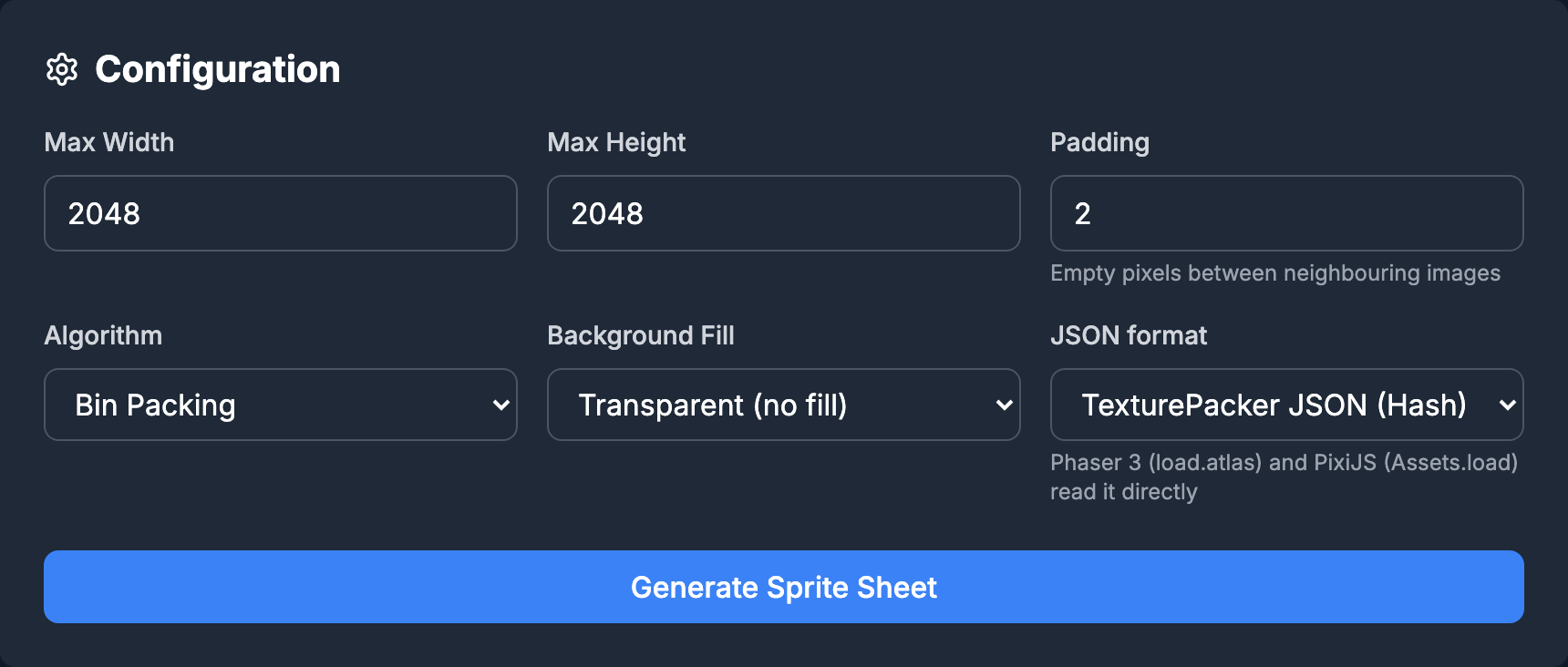 SpritePilot's Sheet Maker configuration: Max Width and Max Height 2048, Padding 2, Algorithm Bin Packing, Background Fill transparent and JSON format TexturePacker JSON (Hash)